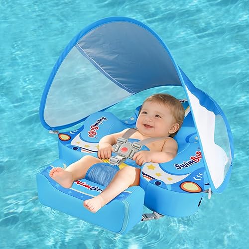 Miniatura 10 de Swimbobo - Flotadores para piscina con toldo no inflable, material de tela suave y agradable a la piel, flotador de natación infantil para niños y