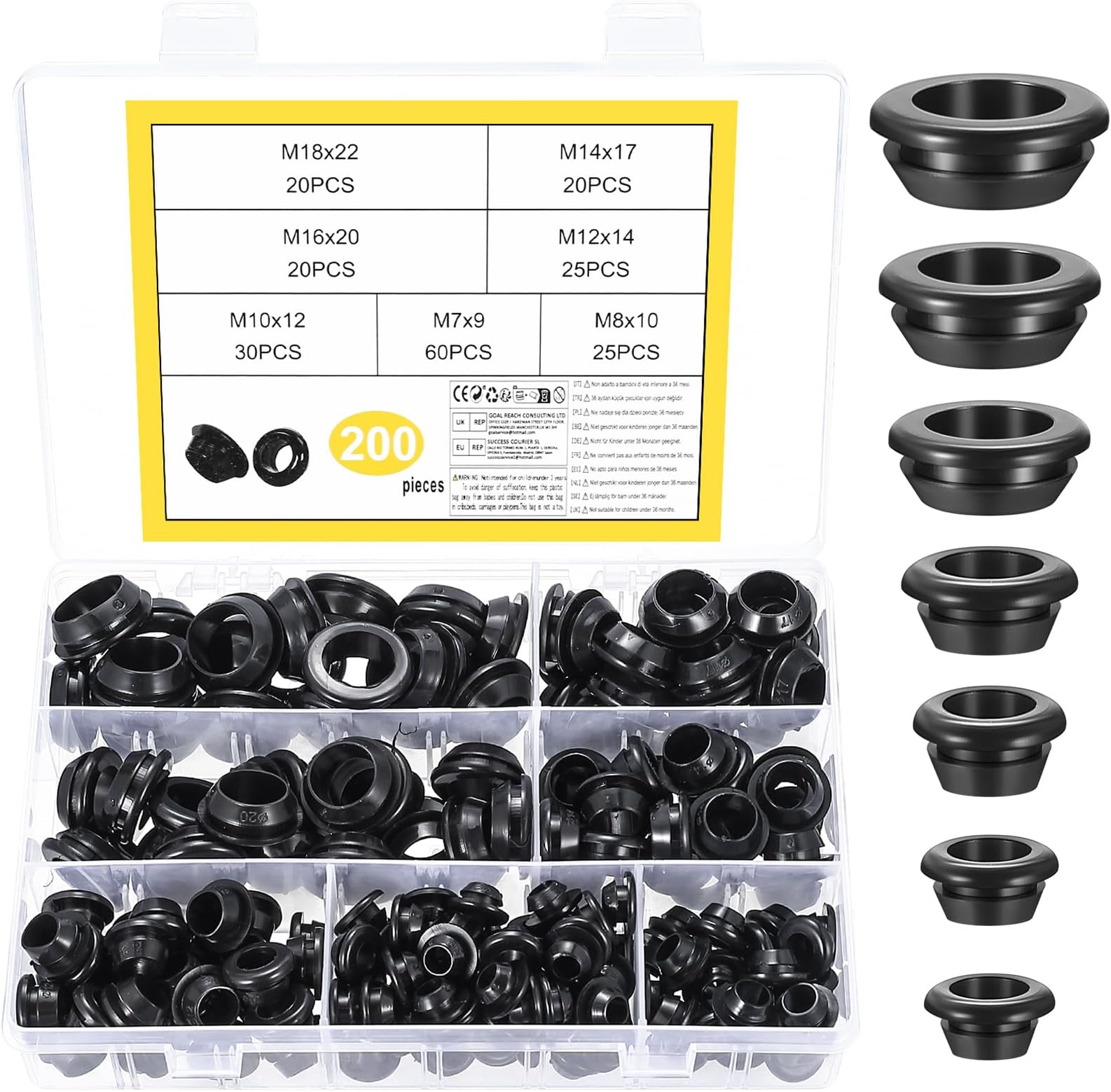 260 Pcs Rubber Grommets Kits, 7 Assorted Sizes Black Electrical Cable Holes Conductor Wiring Blanking Gasket Ring Grommets Assortment Kit for Protecting Wires, Plugs, Cables Holes (Black 200)