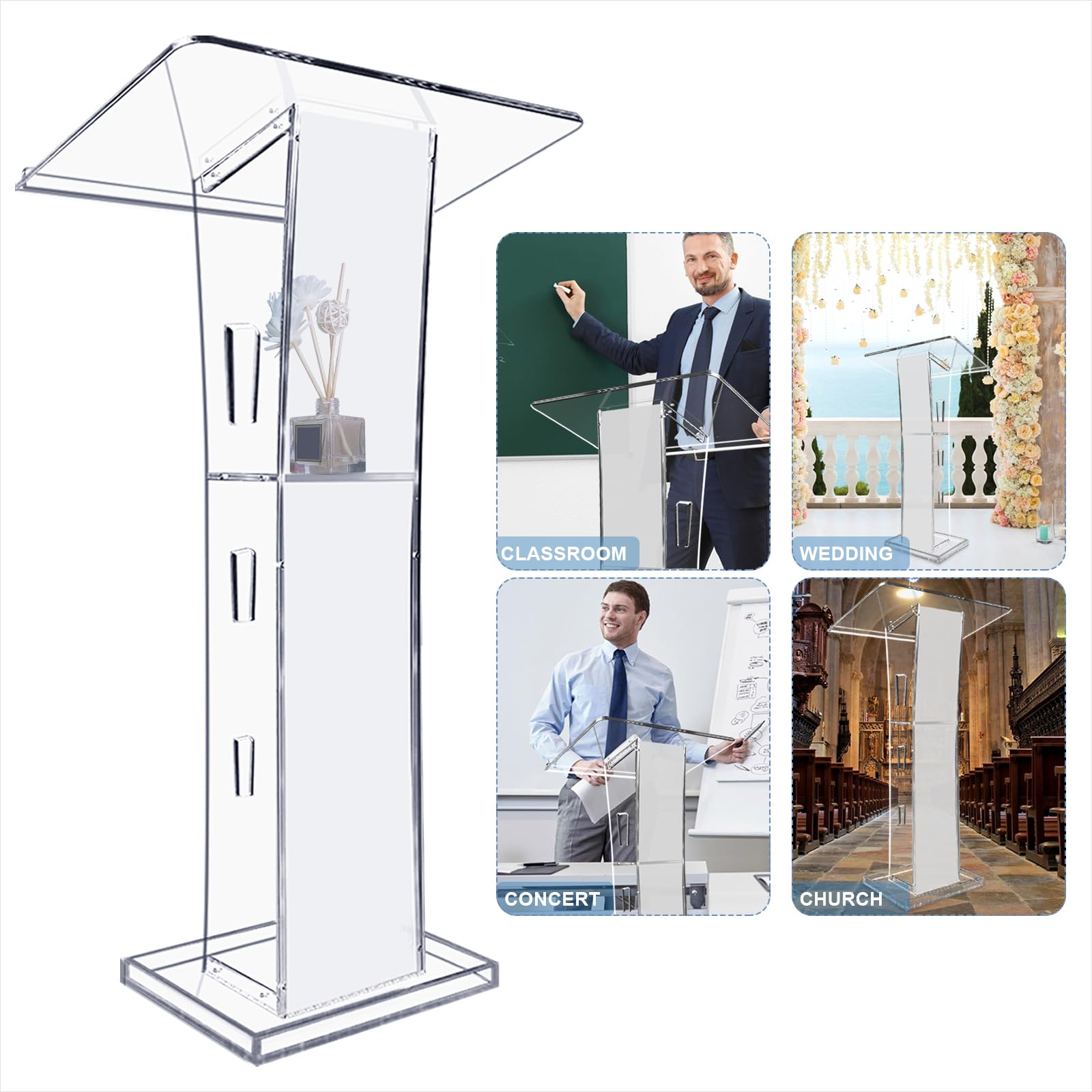 Podium en Acrylique Transparent, chaire de 43" pour Les églises, pupitre Moderne avec étagère de Rangement pour Les salles de Classe, Les conférences, Les Mariages, etc