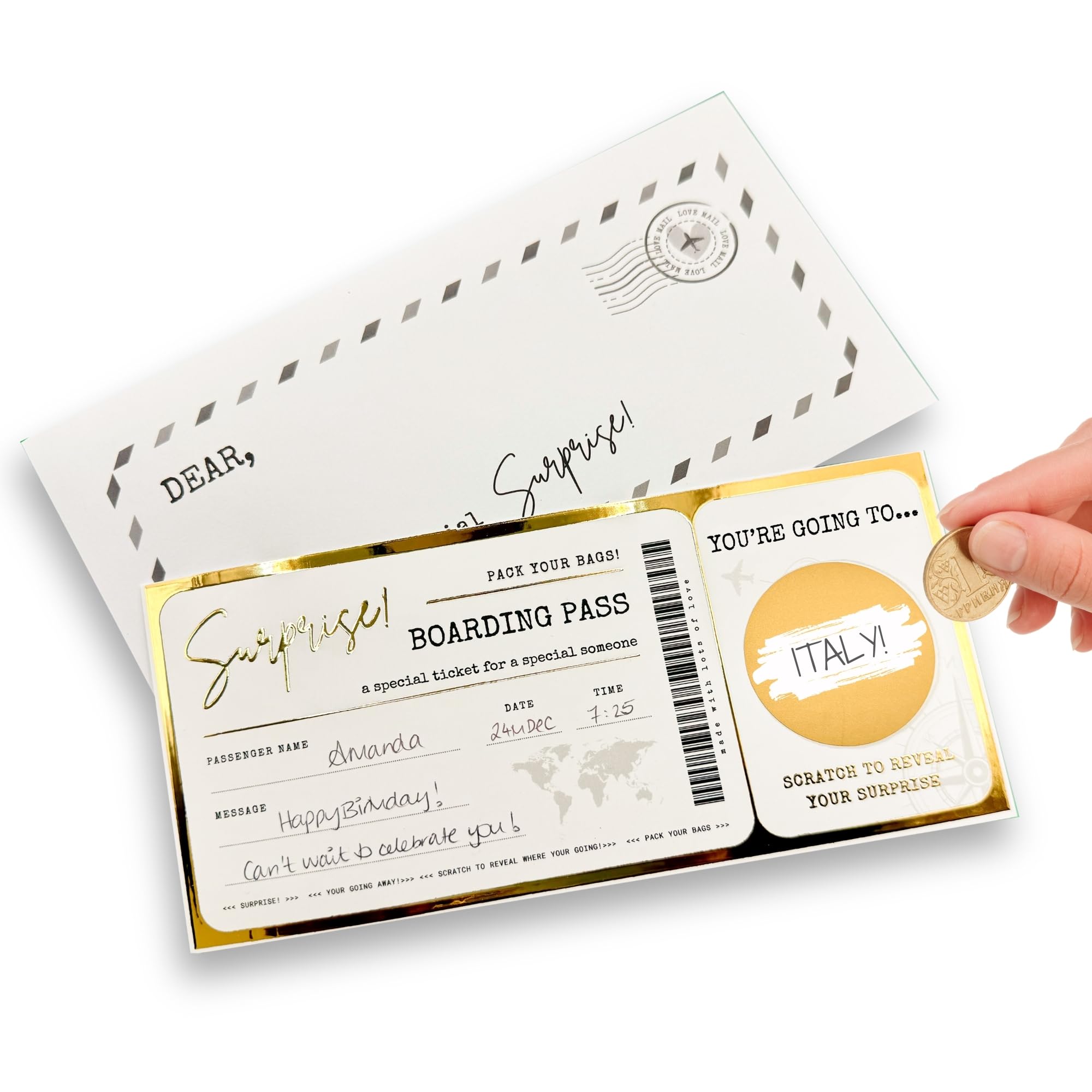 GOLD Scratch & Reveal Travel Ticket - Personalized Surprise Boarding Pass Gift with ENVELOPE | Golden Ticket, Unique Flight Travel Gift for Anniversary, Birthday, Valentines & Christmas Holidays