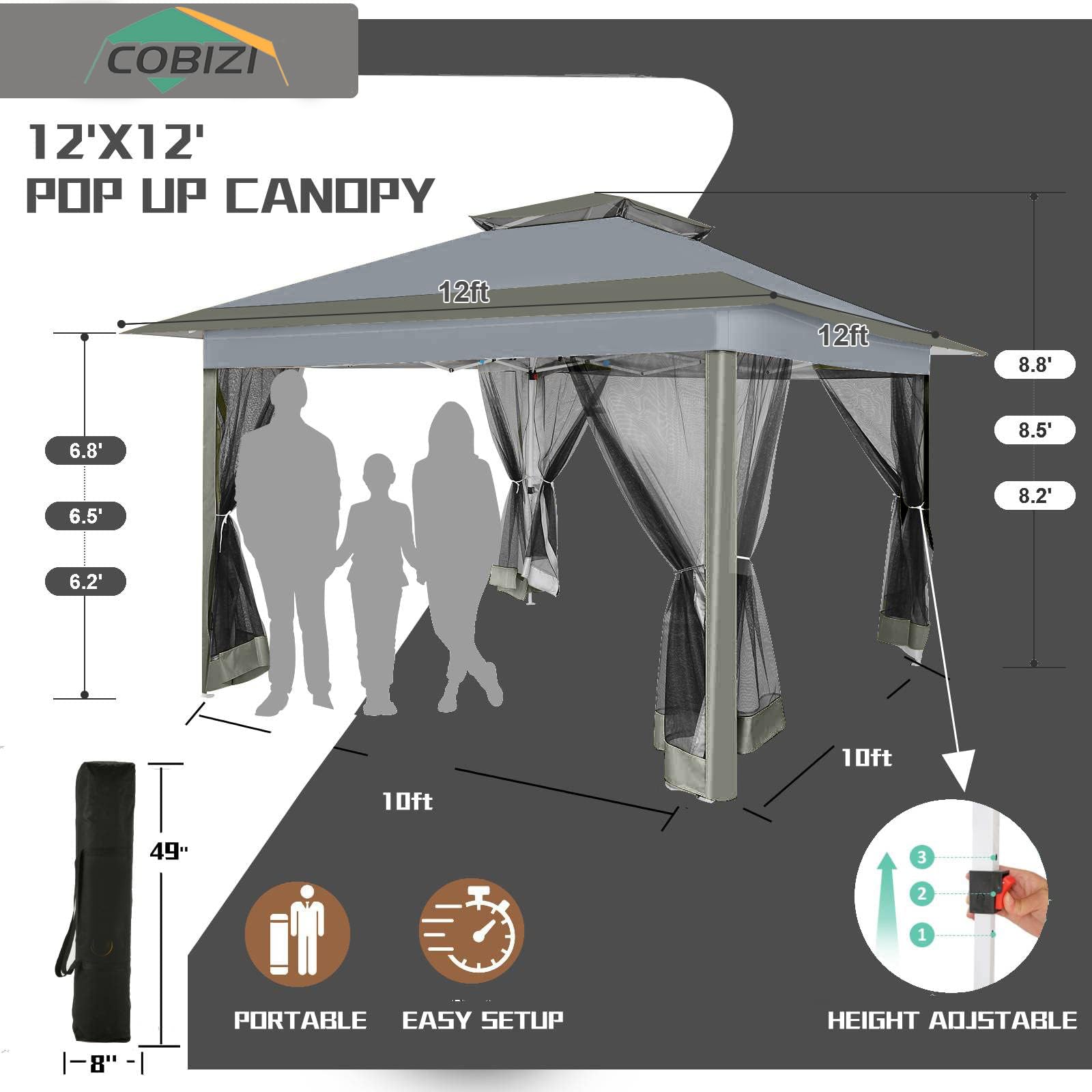 COBIZI Gazebo pop-up 10x10 da esterno con zanzariera Gazebo da patio con pareti laterali per giardino, campeggio, feste, cortile con parte superiore ventilata, custodia, sacchi di sabbia