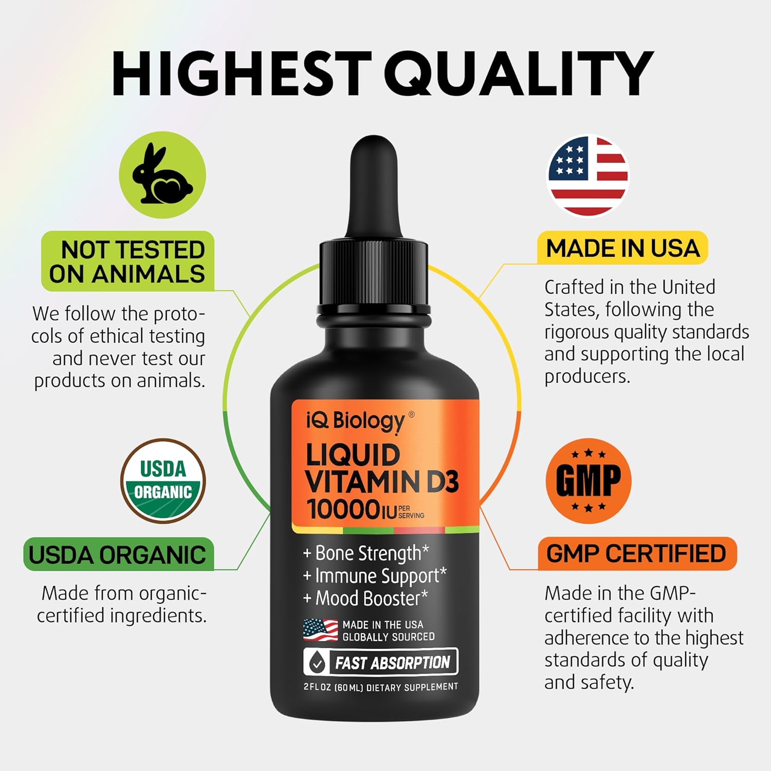 Liquid Vitamin D3 10000 IU (250 mcg) - USDA Organic Vitamin D Drops for Adults & Kids - 100-Day Supply - Vit D3 with MCT Oil for Better Absortion - Bone & Immunity Support, Dental Health*, Made in USA