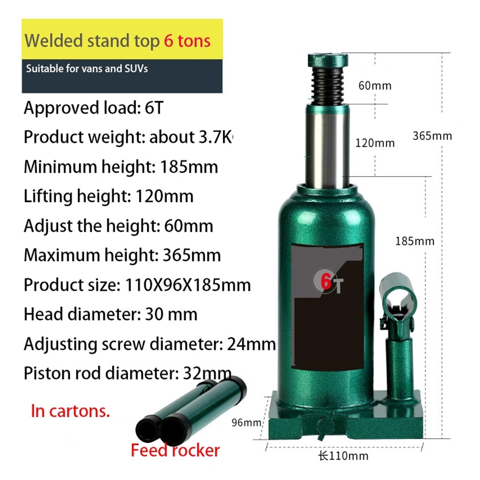 Cric Idraulico Verticale Superiore Saldato Da 6 Tonnellate For Riparazione Auto E Camion. Cric A Pressione Olio Potente