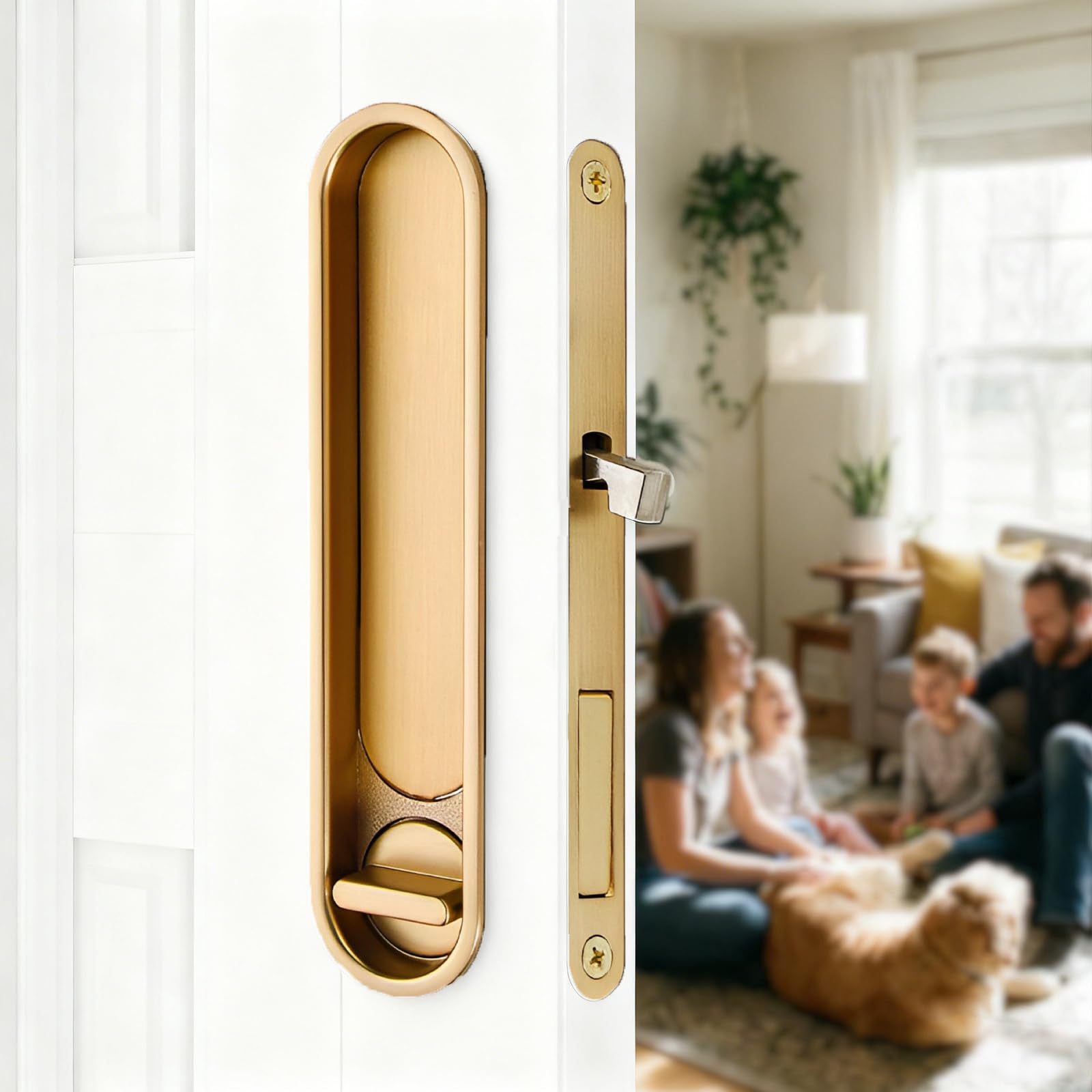 Cerradura de puerta deslizante de bolsillo, manija deslizante empotrada interior, cerradura tipo gancho dorado cepillado, cerradura de puerta oculta para puerta de madera de cocina y baño