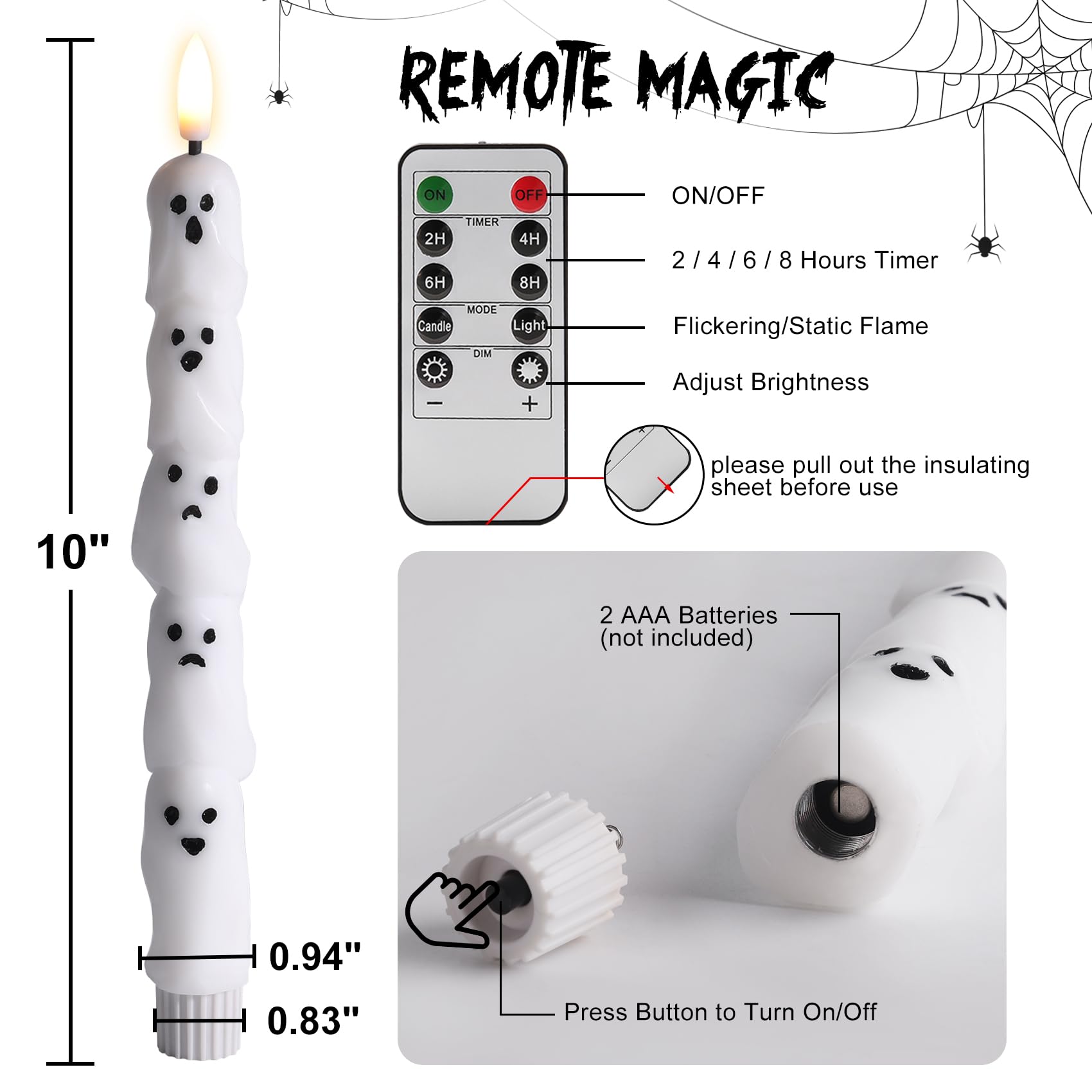 Eywamage White Ghost Candele coniche senza fiamma con telecomando, candele tremolanti in vera cera a batteria LED, set di 4