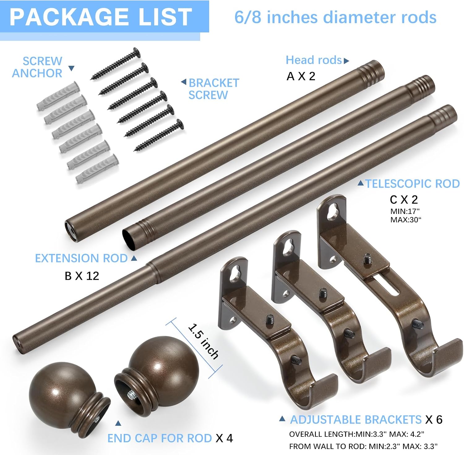 Curtain Rods for Windows 16-120", 6/8 In Brown Curtain Rod, 2 Pack image 3