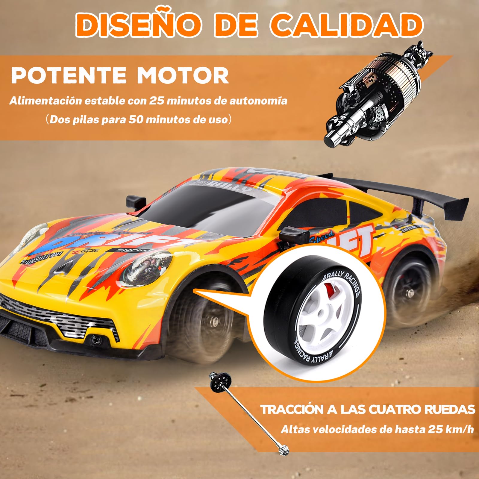 JONRRYIN Coche RC Drift, 1:14 Drift RC Car, 4WD Coche de Deriva Carreras Teledirigido con Kit Barricada, Luces LED, Radiocontrol Coche de Juguete para Adultos y Niños Mayores de 8 Años (Amarillo)