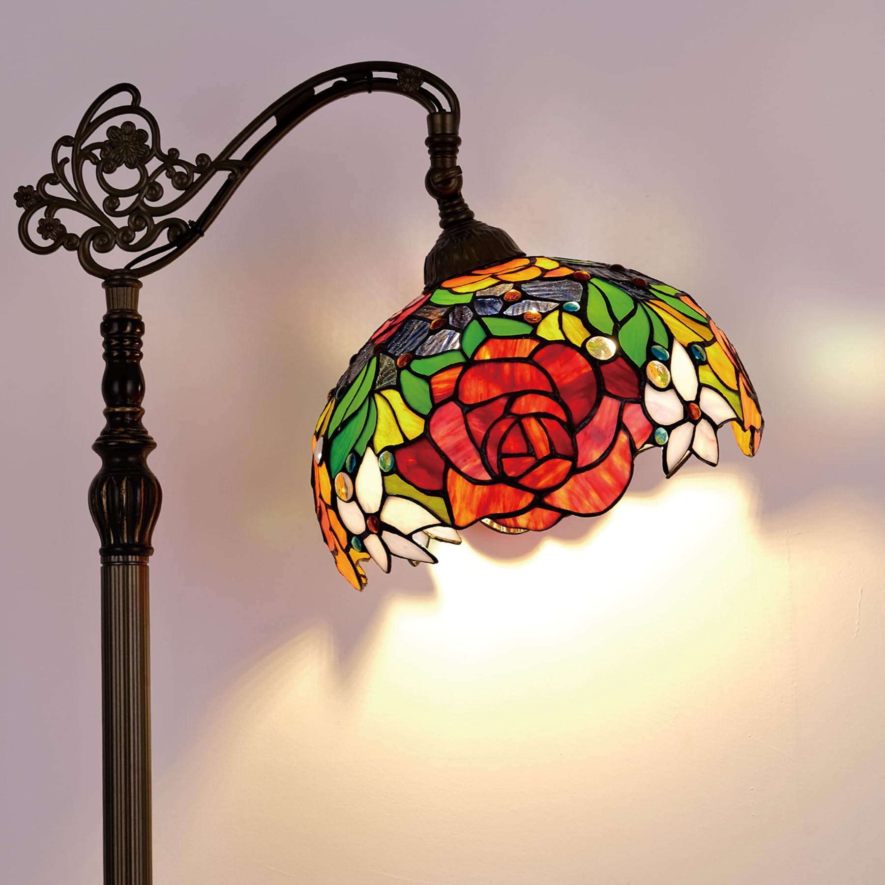 Msrzuds Tiffany Floor Lamp Red Orange Rose Stained Glass Arched Lamp 12x18x70 Inches Antique Bronze Gooseneck Adjustable Corner Standing Light Decor