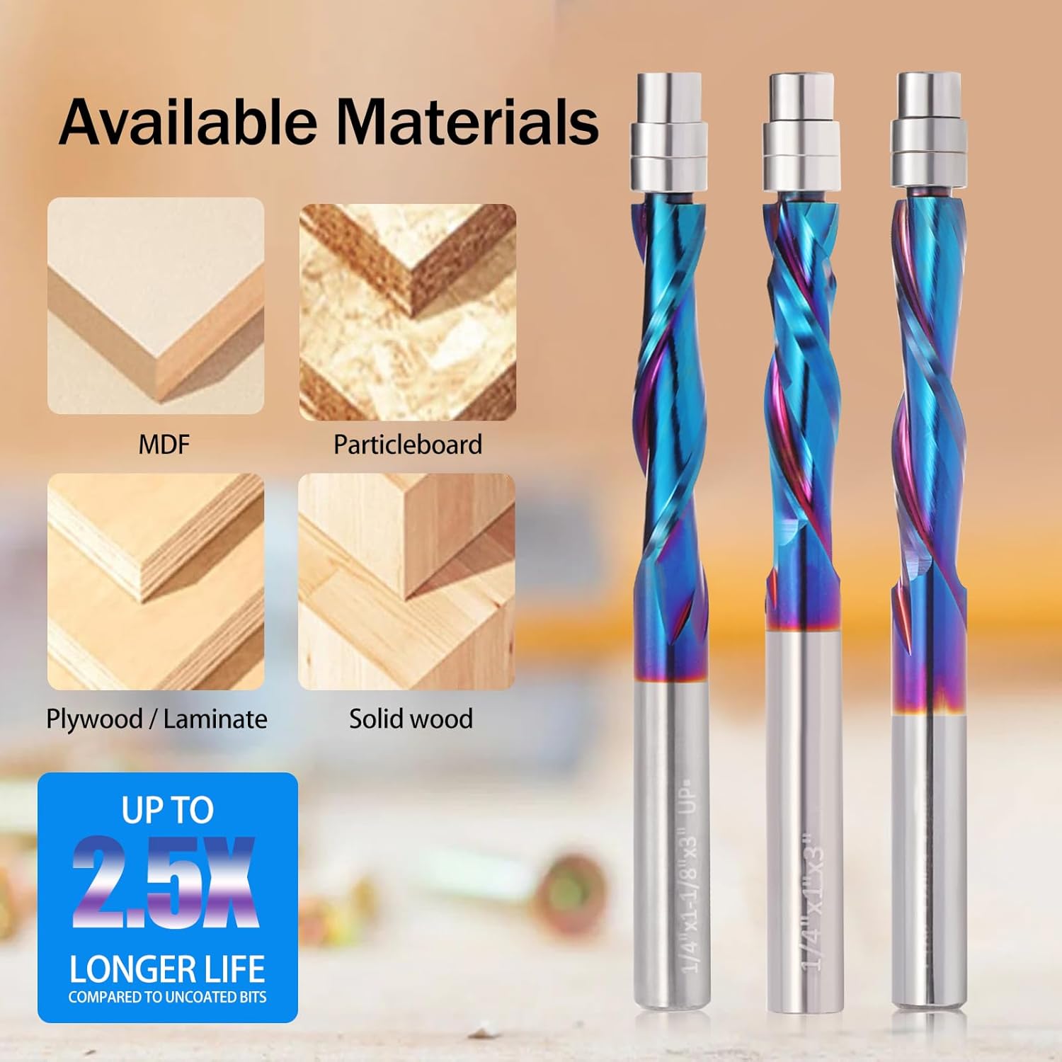 Spiral Flush Trim Router Bit Set 3PCS, 1/4 Inch Shank Spiral Router Bits with Nano Coated, 1PCS Up Down Compression+ 1PCS Downcut+1PCS Upcut Template Pattern Router Bit for Woodwork Trimming