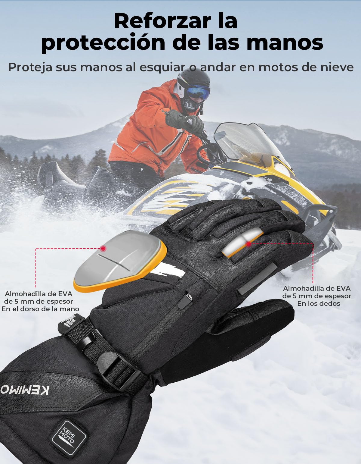 KEMIMOTO Guantes Moto Calefactables, Retención de Calor Desde -20℃ a -5℃, con Protección de Almohadilla EVA, 3 Niveles de Calefacción y 2500mAH, Esquí, Patinaje Actividades de Invierno