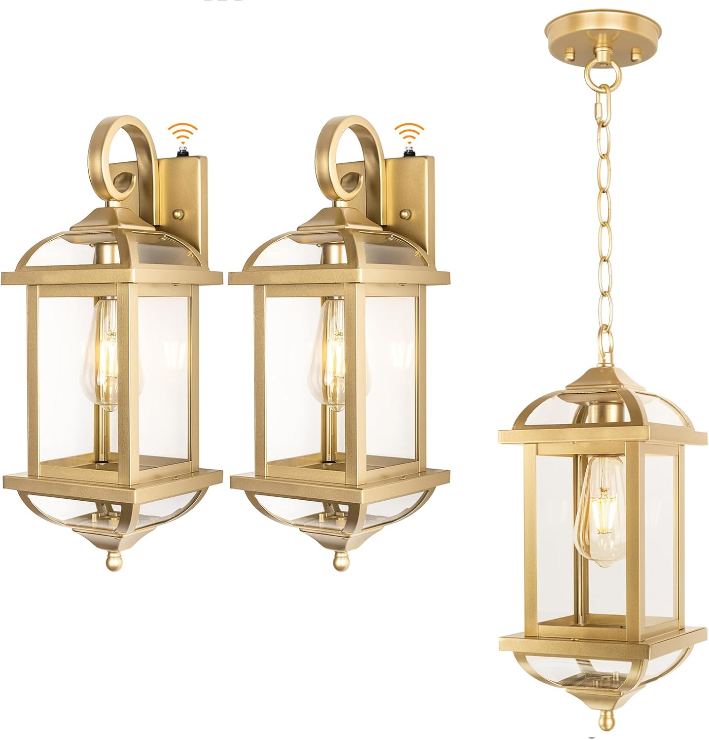 2 Pack Dusk to Dawn 18 Inch Large Outdoor Light Fixtures Gold Plus I Pack No Sensor Outdoor Pendant Light Anti-Rust Aluminum IP65 Waterproof, E26