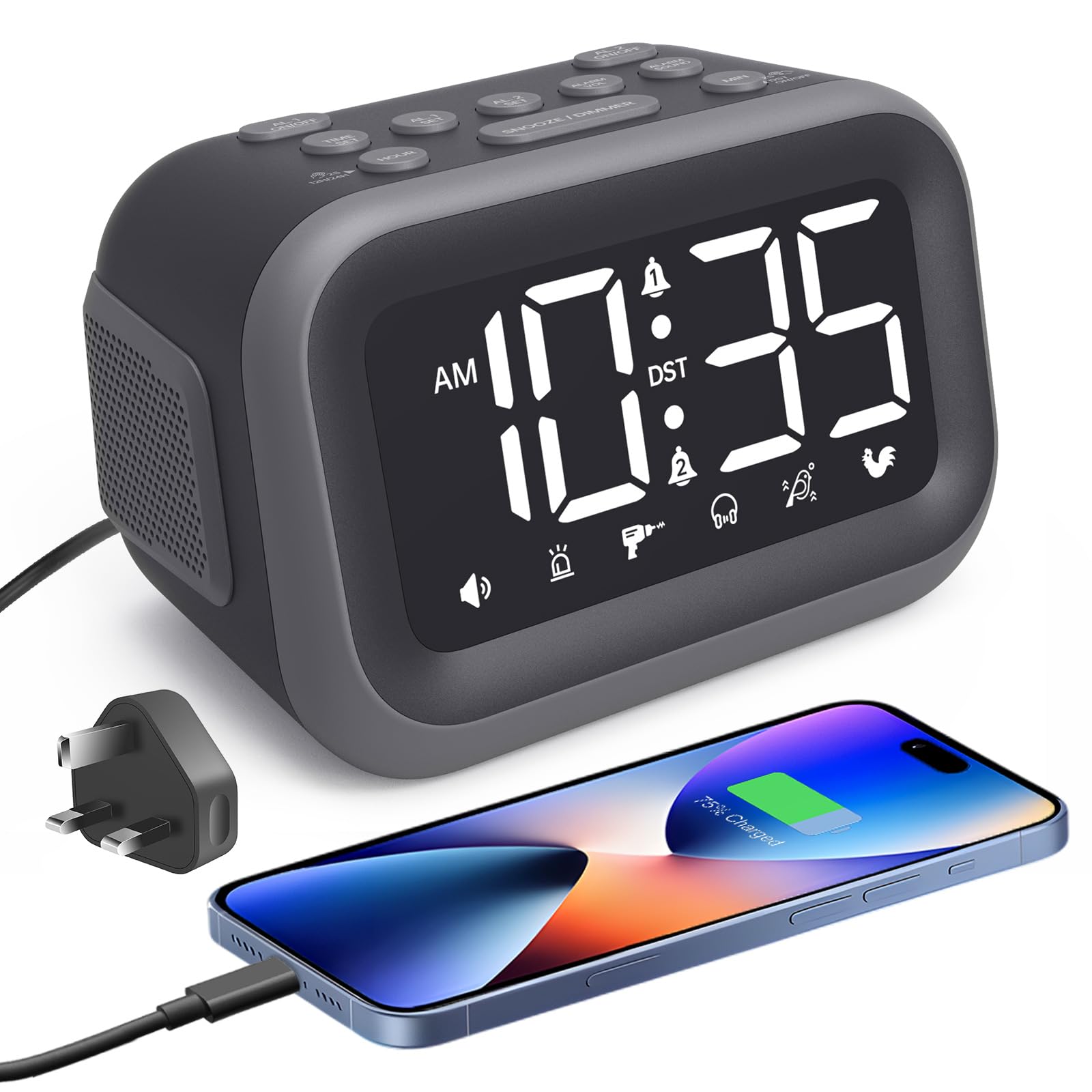 Venchin Super Loud Alarm Clock: 115dB Digital Clocks for Bedside Heavy Sleepers Adjustable Brightness/Volume USB Port 2 Alarm Snooze 12H/24H DST LED Desk Clock (Incl. Adapter)