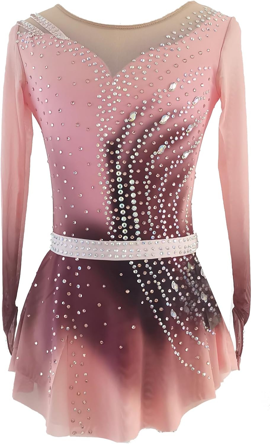 Figure Skating Dress Girl's Pink Long Sleeves Handmade Customized Competition Performation for Adlt and Child