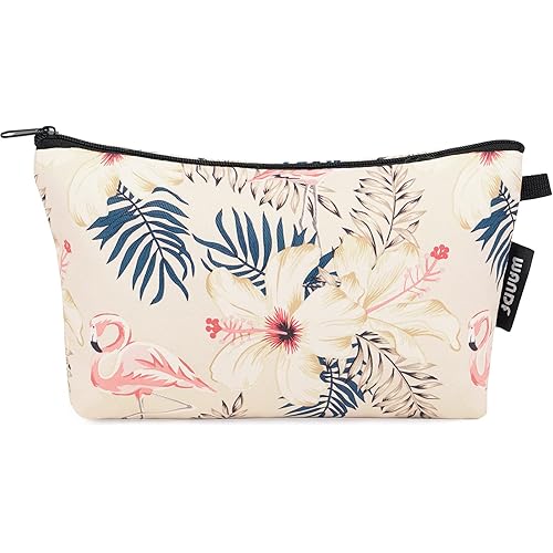 WANDF Cosmetic Bag for Women Makeup bag Organizer Mini Makeup Pouch for Purse Water Resistant Girls Gift (Beige Flamingo)