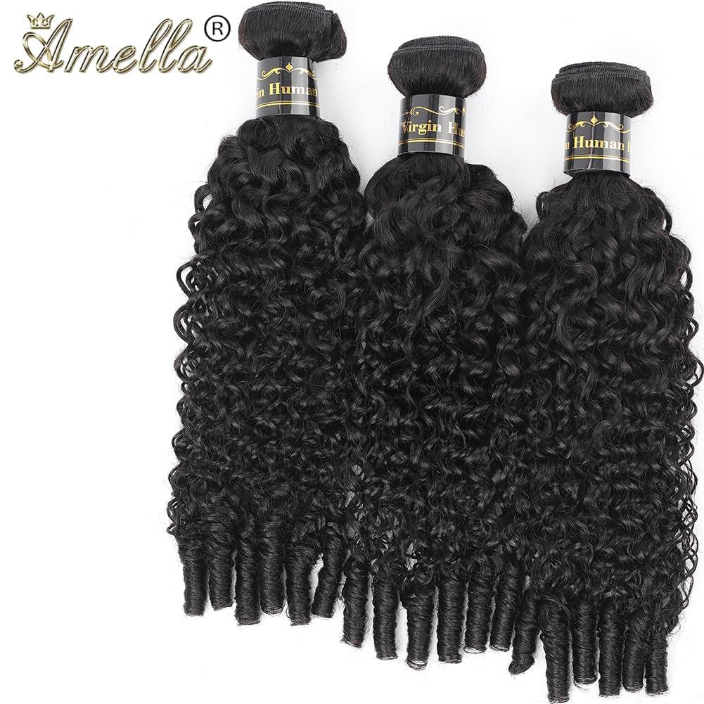 Amella Burmese Curly Bundles Human Hair with Spiral End 18 20 22 Inch 3C4A 100% Unprocessed Virgin Burmese Kinky Curly Human Hair Bundles Weft Extensions Natural Black