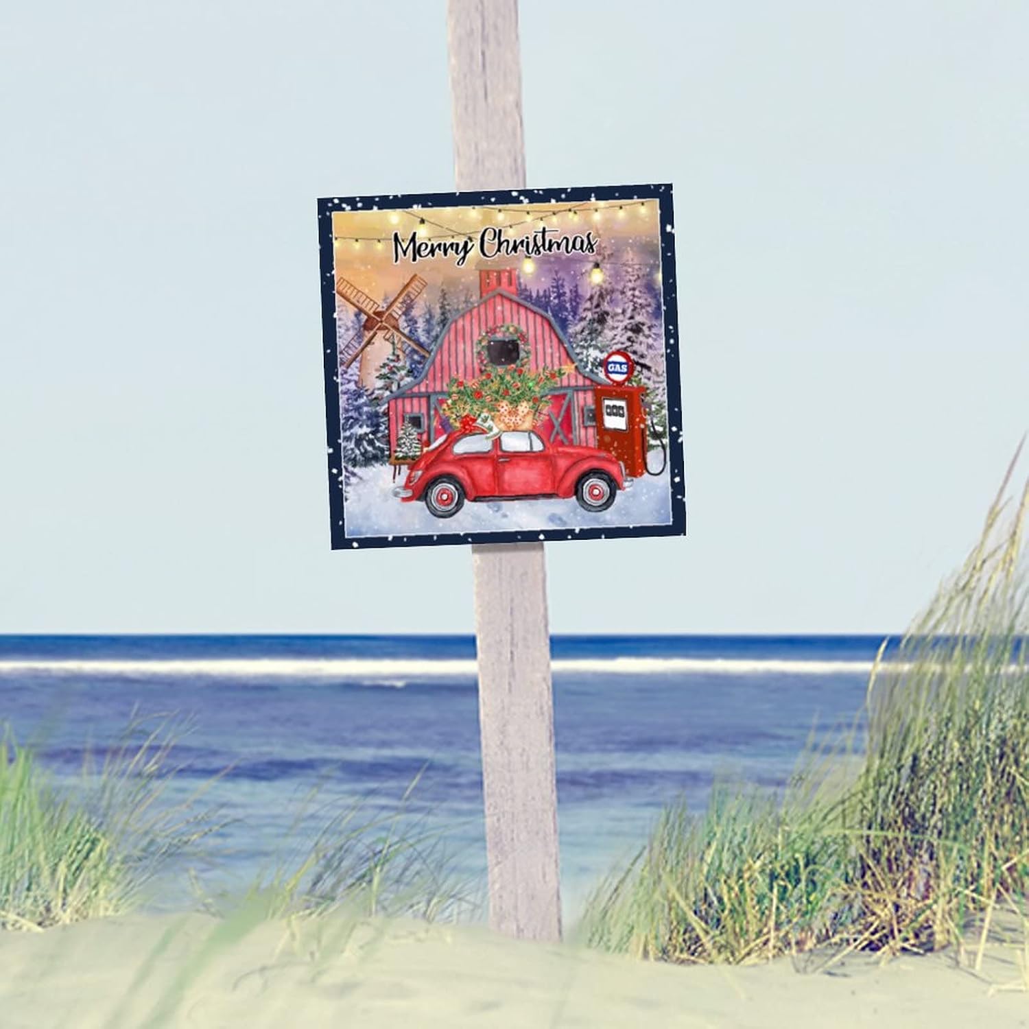 Christmas Gas Station Wooden Sign Winter Farm Snow Tree Red Truck Porch Sign Rustic Christmas Is Coming Wall Art Hanging Decoration For Home Laundry Room Kitchen Bedroom Housewarming Gift 16x16in