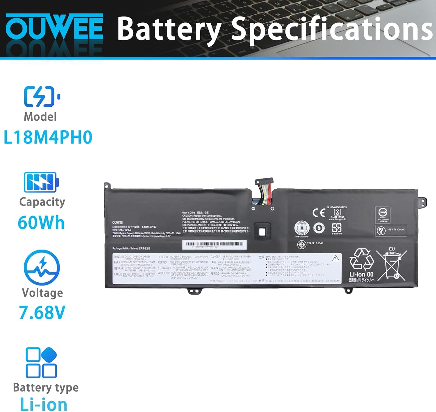 L18M4PH0 Laptop Battery Compatible with Lenovo Ideapad Yoga C940-14IIL Series Notebook 5B10T11585 5B10W67374 L18C4PH0 5B10T11586 5B10W67180 7.68V 60Wh 7820mAh 4-Cell