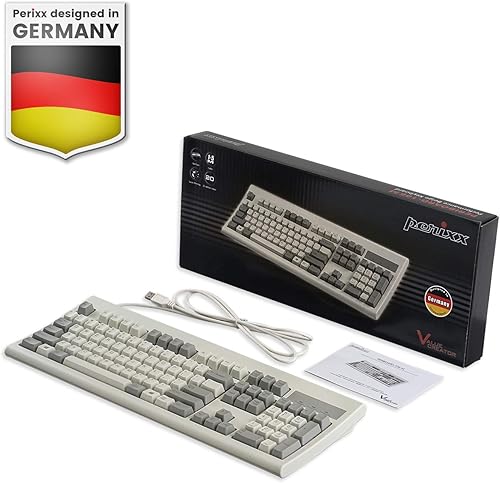 Miniatura 7 de Perixx PERIBOARD-106M, teclado USB de tamaño completo con cable, teclas ergonómicas curvas, color gris retro clásicoblanco, diseño en inglés de EE.