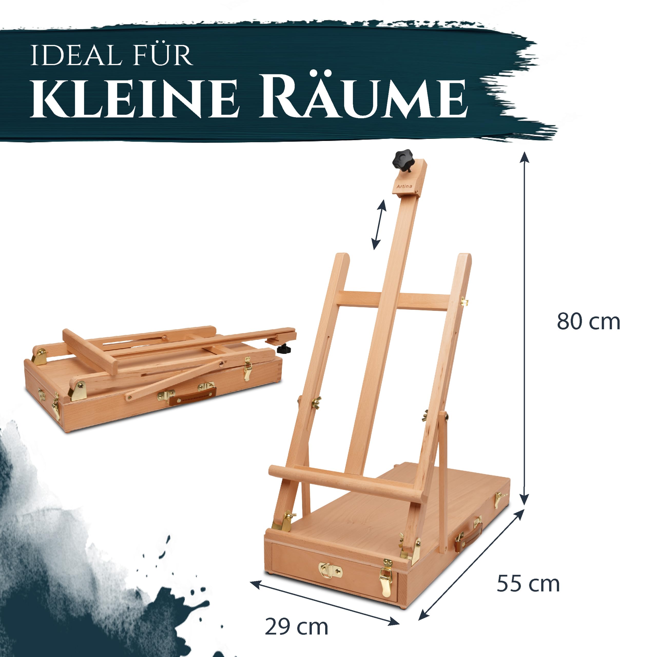 Artina Kofferstaffelei Tischstaffelei für Keilrahmen bis 56cm Zeichenbrett | Holzstaffelei Buche Malkoffer mit verstellbarem Neigungswinkel Künstlerkoffer Schublade Staffelei Tisch Holz Le Mans