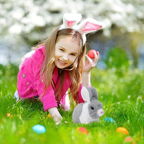 Miniatura 6 de Bilinott Juguete animado de conejito de peluche - Animal de peluche interactivo saltando y chirriando conejo gris