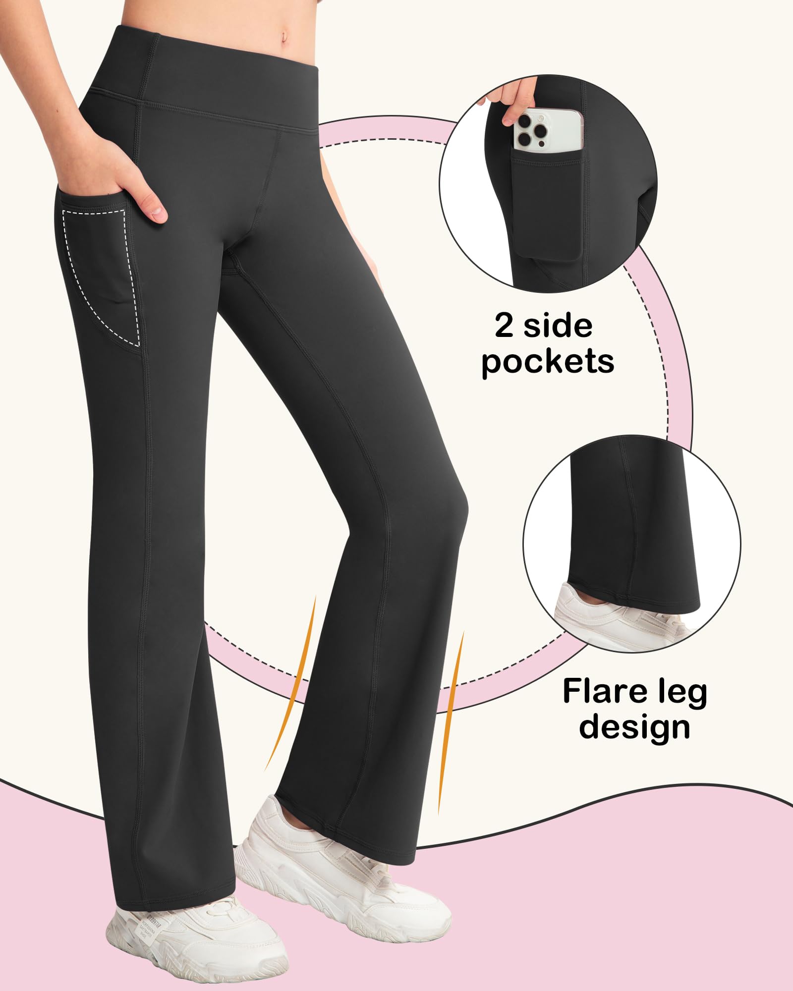 NORMOV Pantalones de yoga para niña con bolsillos, pantalones acampanados casuales de cintura alta para niños