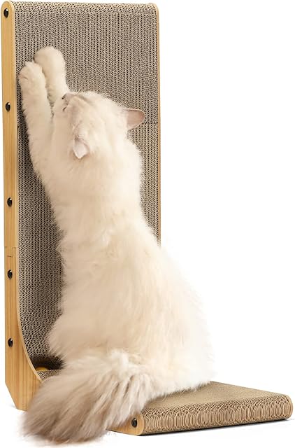 FUKUMARU Cat Scratcher, 26.8 Inch L Shape Cat Scratch Pad Wall Mounted, Cat Scratching Cardboard with Ball Toy for Indoor Cats