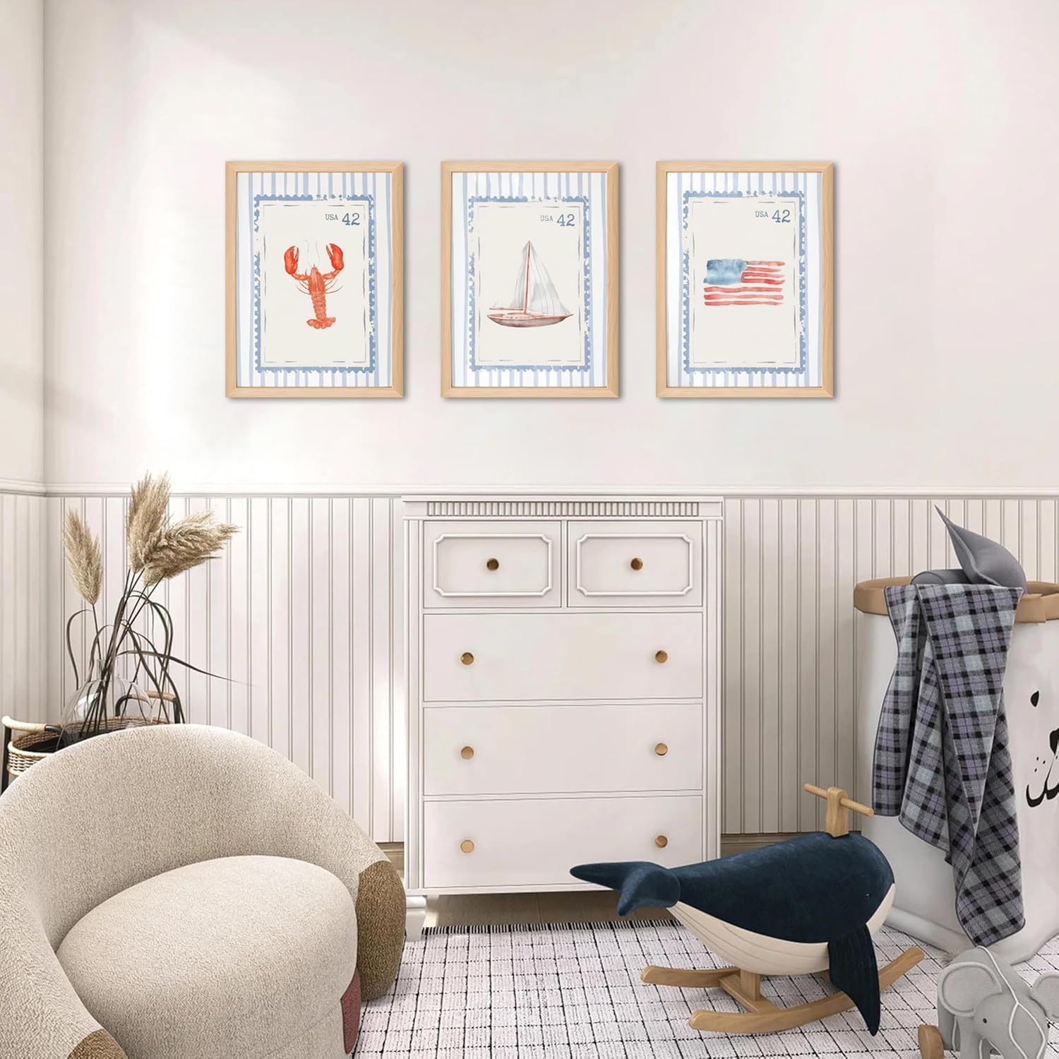 Cute Blue Coastal Stripe Wall Art Set of 3, Beach Grandmother Shrimp Wall Decor, Summer Beachy Sailboat Lobster Poster Canvas Prints for Living Room Bedroom 12x16 inch Framed
