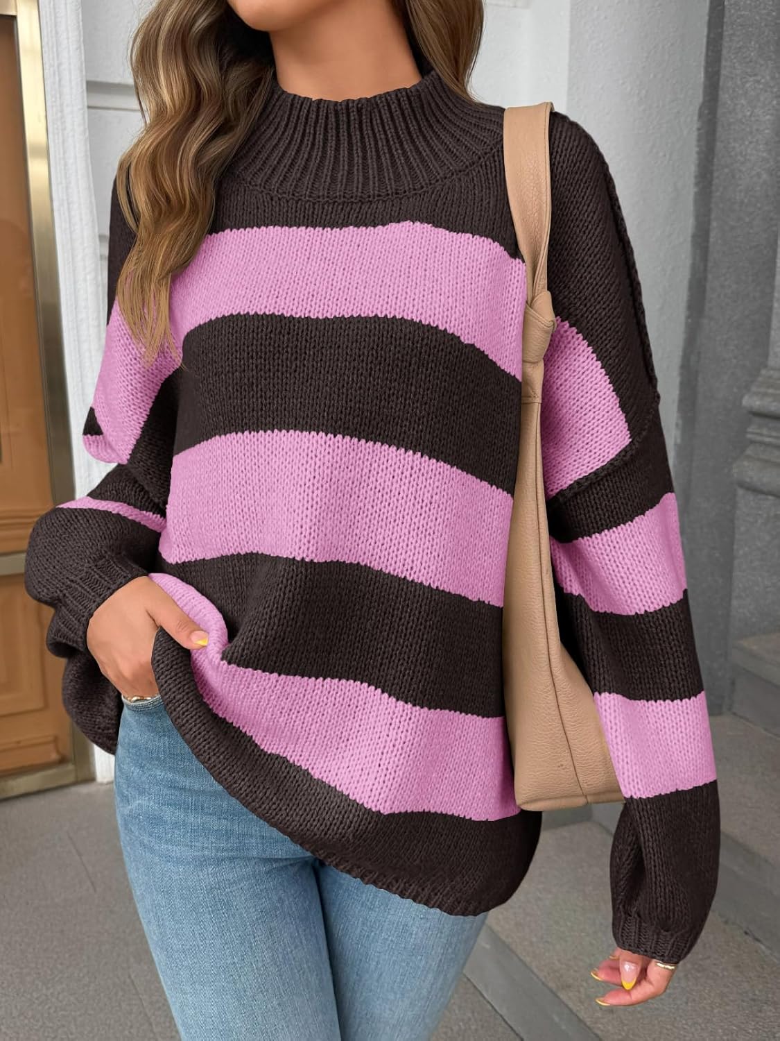 Saodimallsu Womens Oversized Striped Sweater Mock Neck Chunky Knit Lantern Long Sleeve Fall Trendy Tunic Sweaters Top - Image 2