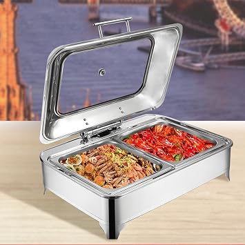 9L Chafing Dishes Food Warmers with Glass Viewing Lid and Temperature Control 400w Rectangular Stainless Steel Buffet Warmer for Keep Food WarmSize2 Grid