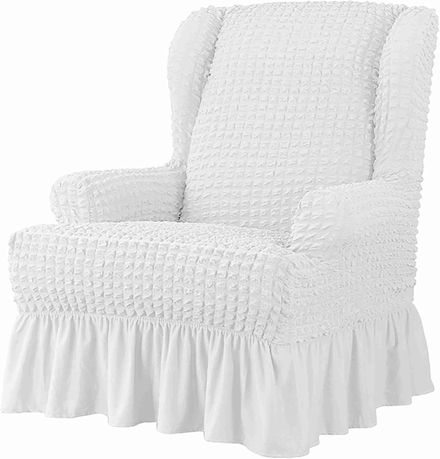 Morbuy Wingback Chair Covers 2 Piece, Wingback Chair Slipcover, Stretch Wingback Chair Cover, Bubble Yarn Back Chair Covers with Arms, Washable Chair Covers for Living Room Armchair (White)