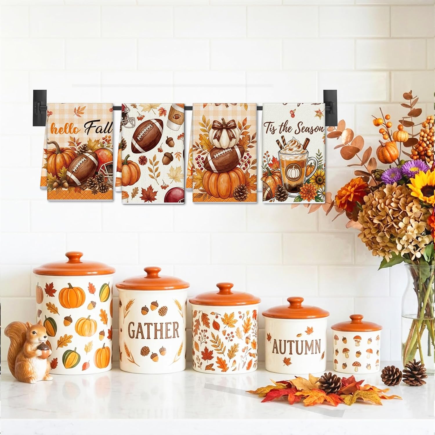 Fall Football Kitchen Towels Set of 4, Autumn Pumpkin Football Dish Towels for Seasonal Farmhouse Decor, Reusable Absorbent Fast Drying Dish Gifts for Thanksgiving Game Day, 15.7x23.6 in