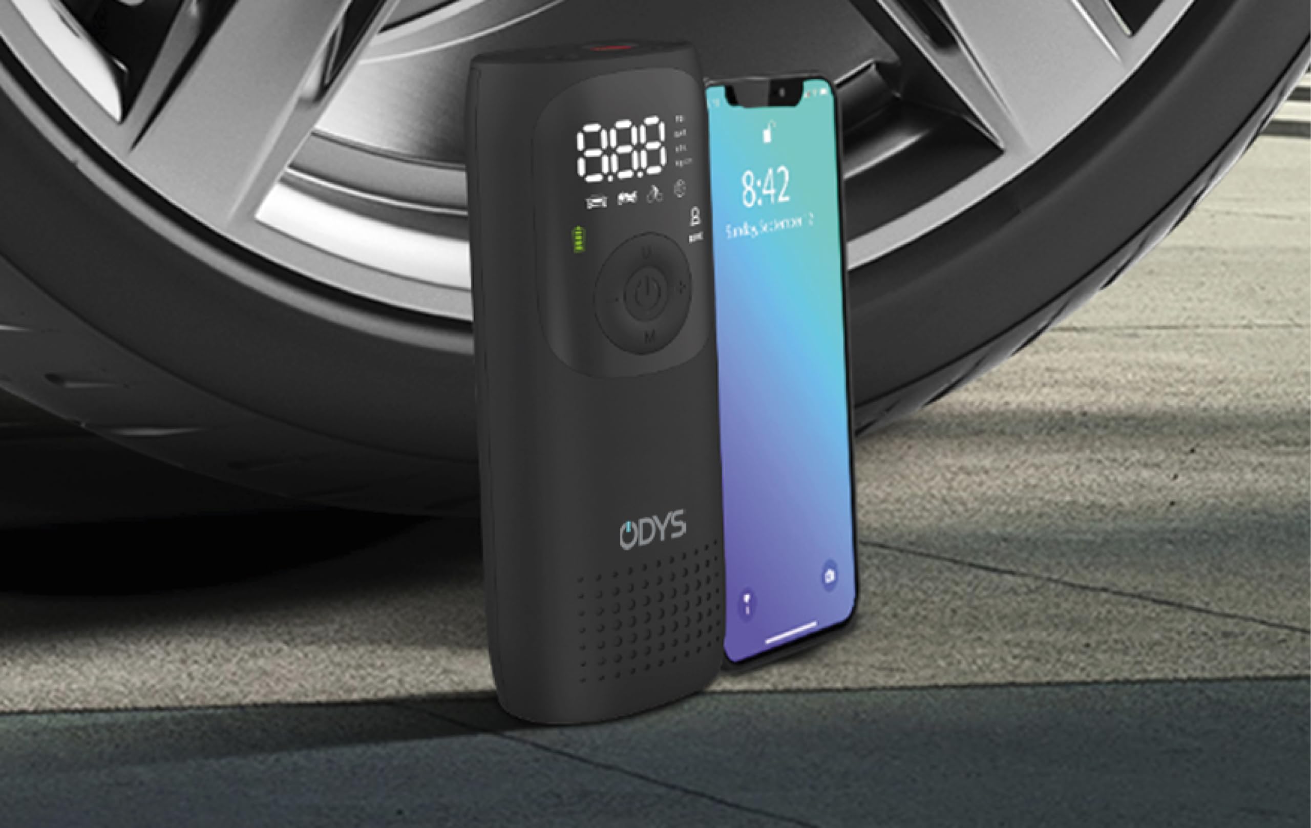 ODYS FlexPump akkubetriebener tragbarer elektrischer Luftkompressor Luftpumpe für Auto, Motorrad, Scooter, Fahrrad, Bälle (0-10Bar/0-150PSI, 2000mAh, Aufladung per USB-C, digitale Anzeige, LED Licht)