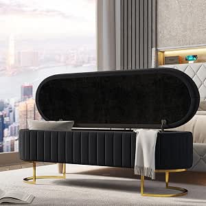 EcoHarbor Living 55.5" Upholstered Velvet Storage Bench with Gold Legs, Black