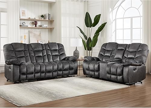 Miniatura 18 de Sofá biplaza reclinable manual para sala de estar, sofá reclinable de 2 plazas de 77 pulgadas de ancho con portavasos y consola de almacenamiento,