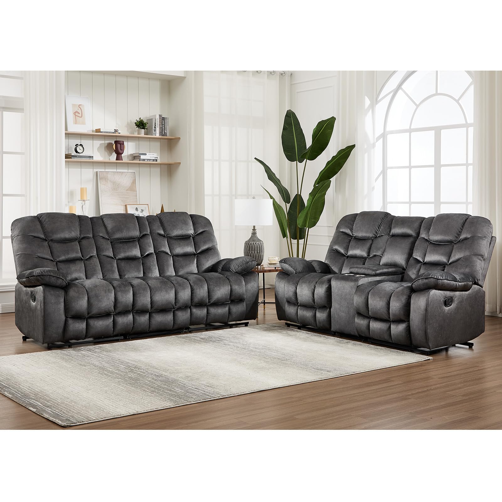 HAOMARKETS 2-Piece Manual Recliner Sofa Set, Include 2-Seater Loveseat Recliner Couch Featuring Hidden Storage &amp; Cup Holders and 3-Seat Reclining Sofa for Living Room, Grey