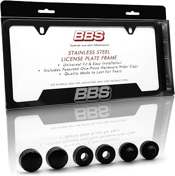 BBS Black License Plate Frame - Made in USA, 100% Genuine, Rust-Free Stainless Steel, Powder-Coated, Street Legal, Universal with Screw Caps, Slim Tag Holder, Car Accessories for Men 1 Piece
