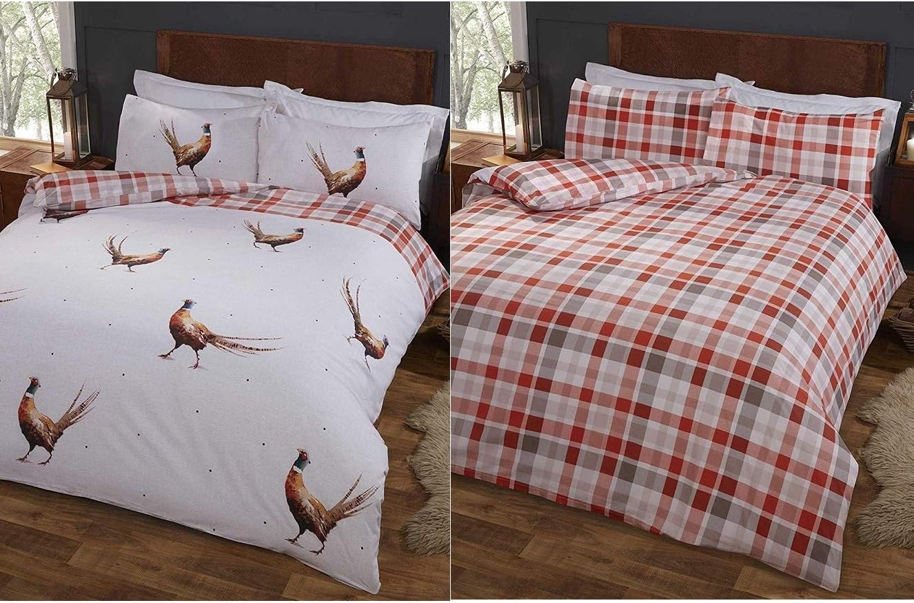 Rapport Home Rapport Pheasants Reversible Tartan Duvet Cover Bed Set, Polycotton, White/Multicolour, Double