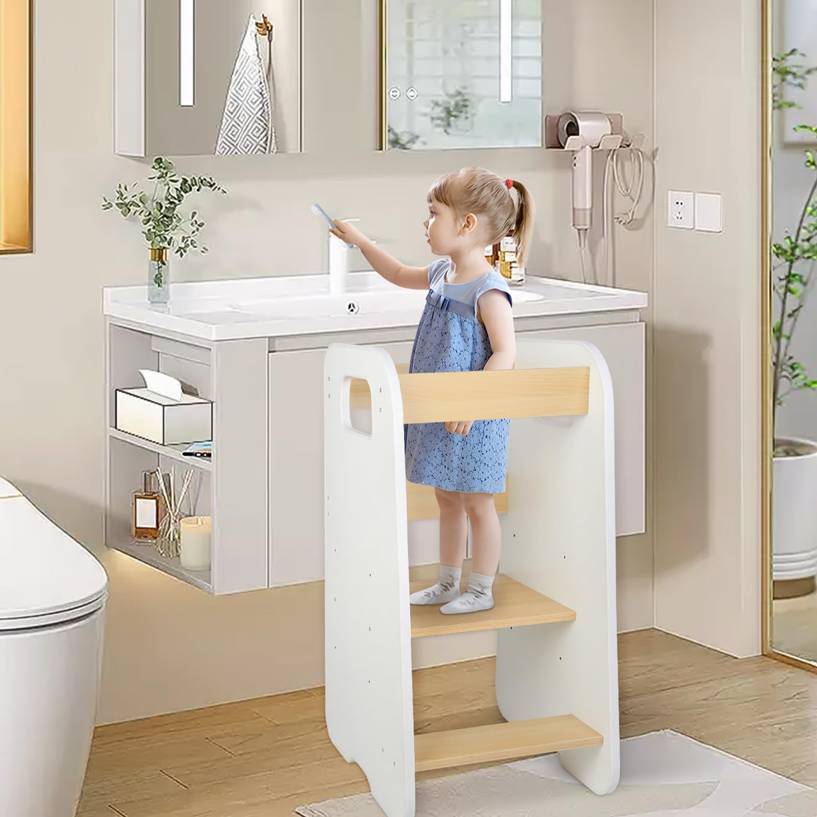 OHMG Lernturm ab 1 Jahr,aus Robuster Holz,mit Doppelter Sicherheitsbarriere,Lernturm ab 2 Jahre,Tritthocker Kinder,Lernturm Montessori,Learning Tower,Montessori Lernturm,Weißeiche