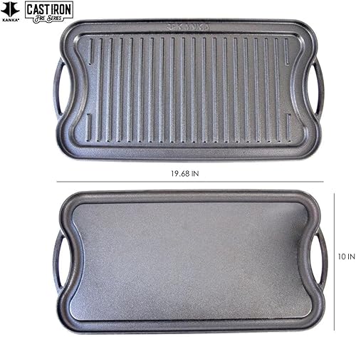 Miniatura 2 de KANKA Plancha de hierro fundido, 19.7 x 10.23 pulgadas, pre-sazonada, rectangular, reversible, de doble cara, negro, incluye limpiador de cadena de