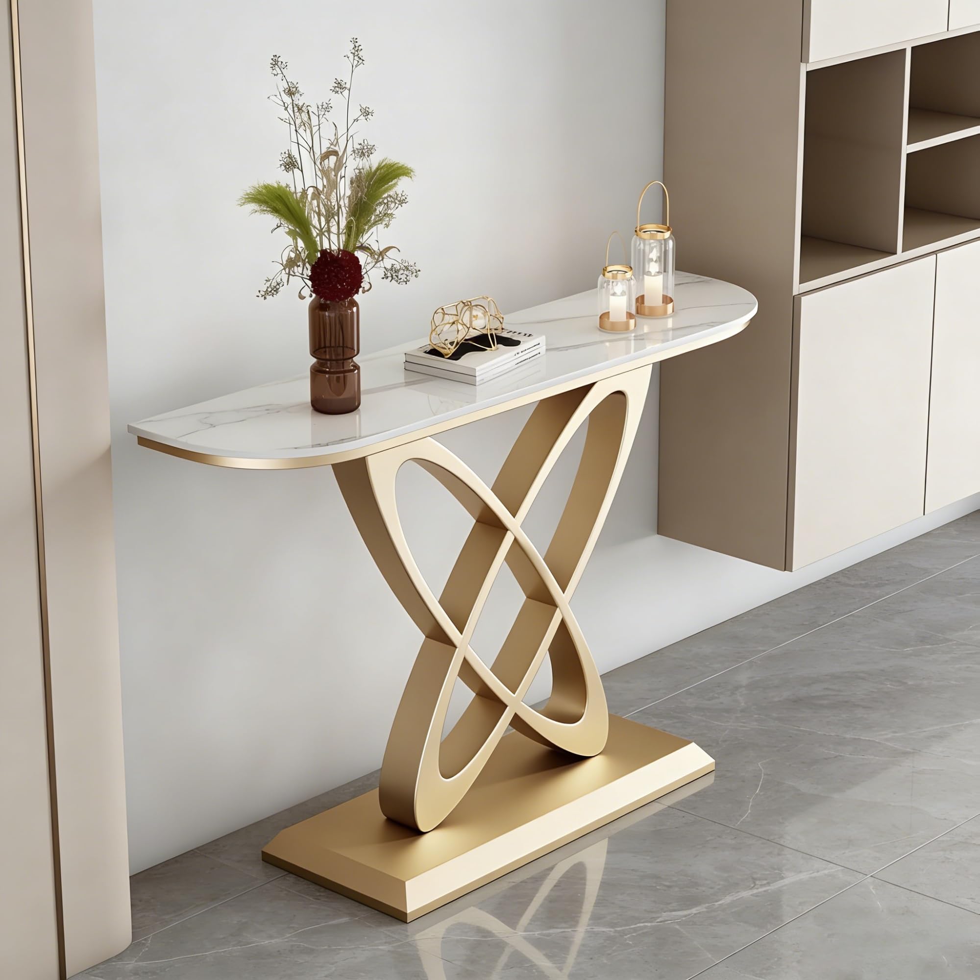 Modern Console Table 80cm Ultra-Narrow Stone Entryway Table With Metal Base Slim Sofa Table Behind Couch Luxury Porch Table & Hallway Accent Table For Entrance Living Room(O,59"/150CM)
