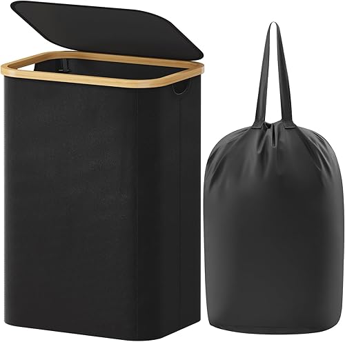 Miniatura 174 de Lifewit Cesta grande de 100 litros con tapa para ropa con asas de bambú y bolsa extraíble, plegable para dormitorio, baño, residencia universitaria
