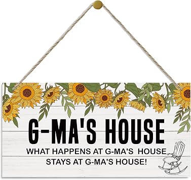 G-Mas House Sunflower Wooden Hanging Plaque for Mom Garden, Rustic Farmhouse Outdoor Indoor Wall Decor Gift for Mothers Day, Front Porch Yard Fence Door Sign, Cute G-Mas House Hanging Sign