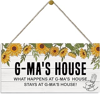 Rustic G-Ma's Sunflower Sign, Hanging Decorative Wood Plaque, Printed Wood Art Wall Decor, 'What Happens at G-ma's House' - 12x6in