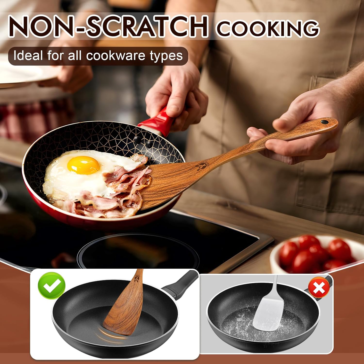 Wooden Spoons for Cooking, 6 Pcs Natural Teak Wooden Kitchen Utensils Set, Cooking Utensils Set with Long & Comfort Grip, Wooden Spoons Spatula Set Perfect for Non-Stick Cookware