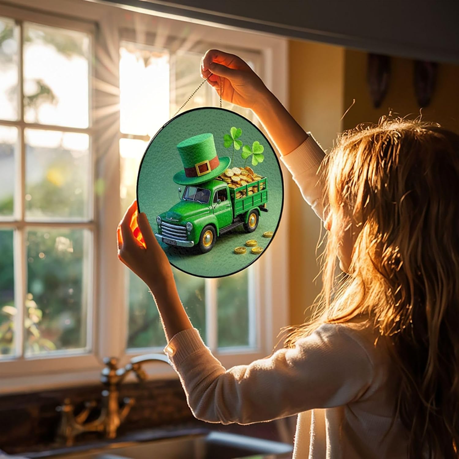 Stained Glass Window Hanging 12in Window Suncatcher Glass Panel with Metal Chain Lucky Green Truck Filled with Clover Hat Gold Coins Sun Catchers Wall Art Home Decor Gift for Women Mother's Day