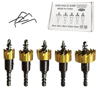 6542 HSS Hole Saw Kit 5/8"1-3/16" Titanium-Plated Pilot Drill Bits Hole Saw Cutter Tooth Carbide Tip with Hex Shank for Thin Metal Plastic Aluminum Alloy Wood 5PCS