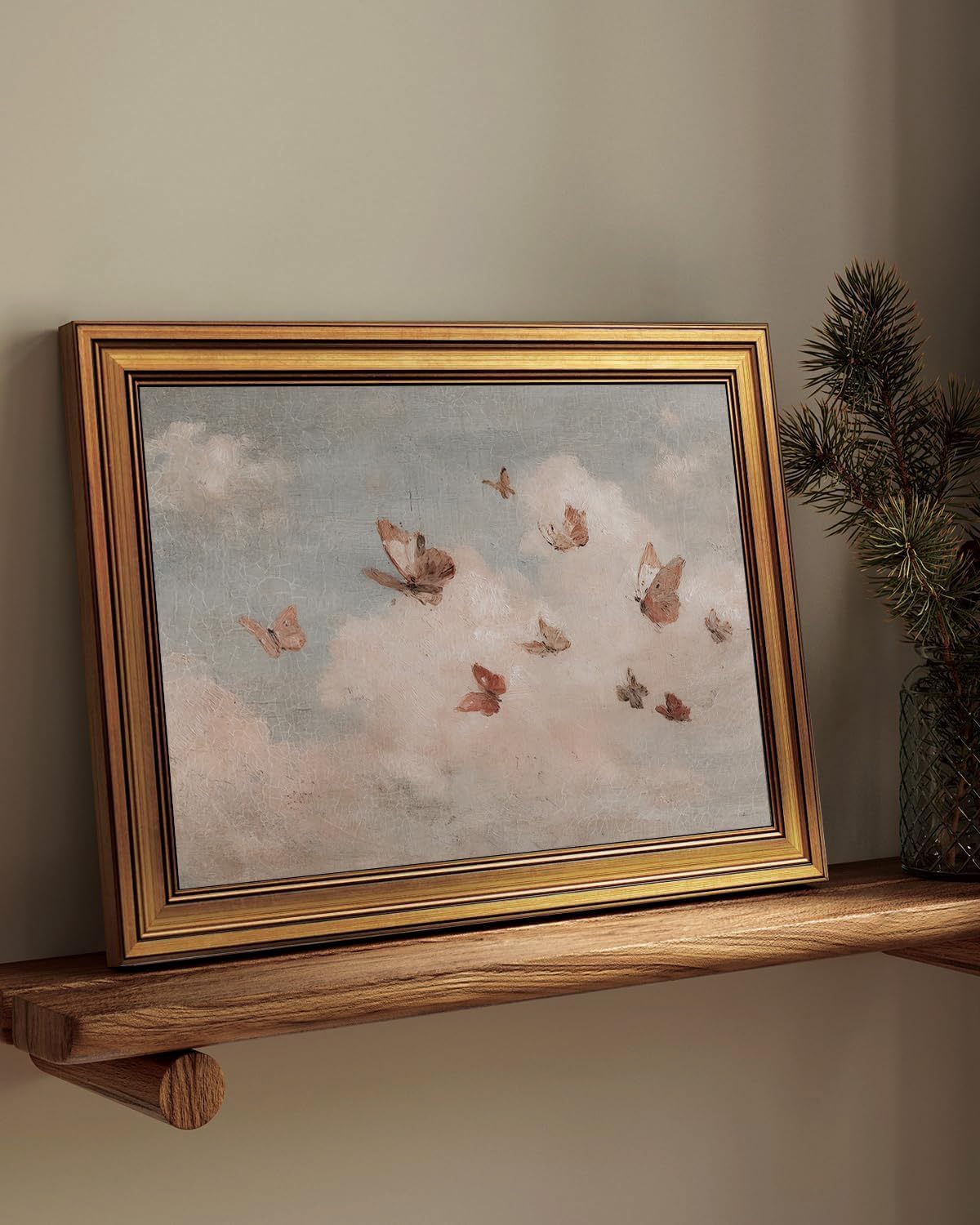 Gold Framed Wall Art Vintage Whimsical Butterfly Canvas Wall Art Retro Cottagecore Artwork Nature Landscape Prints Rustic Nursery Picture for Living Room Farmhouse Office Decor, 12x16
