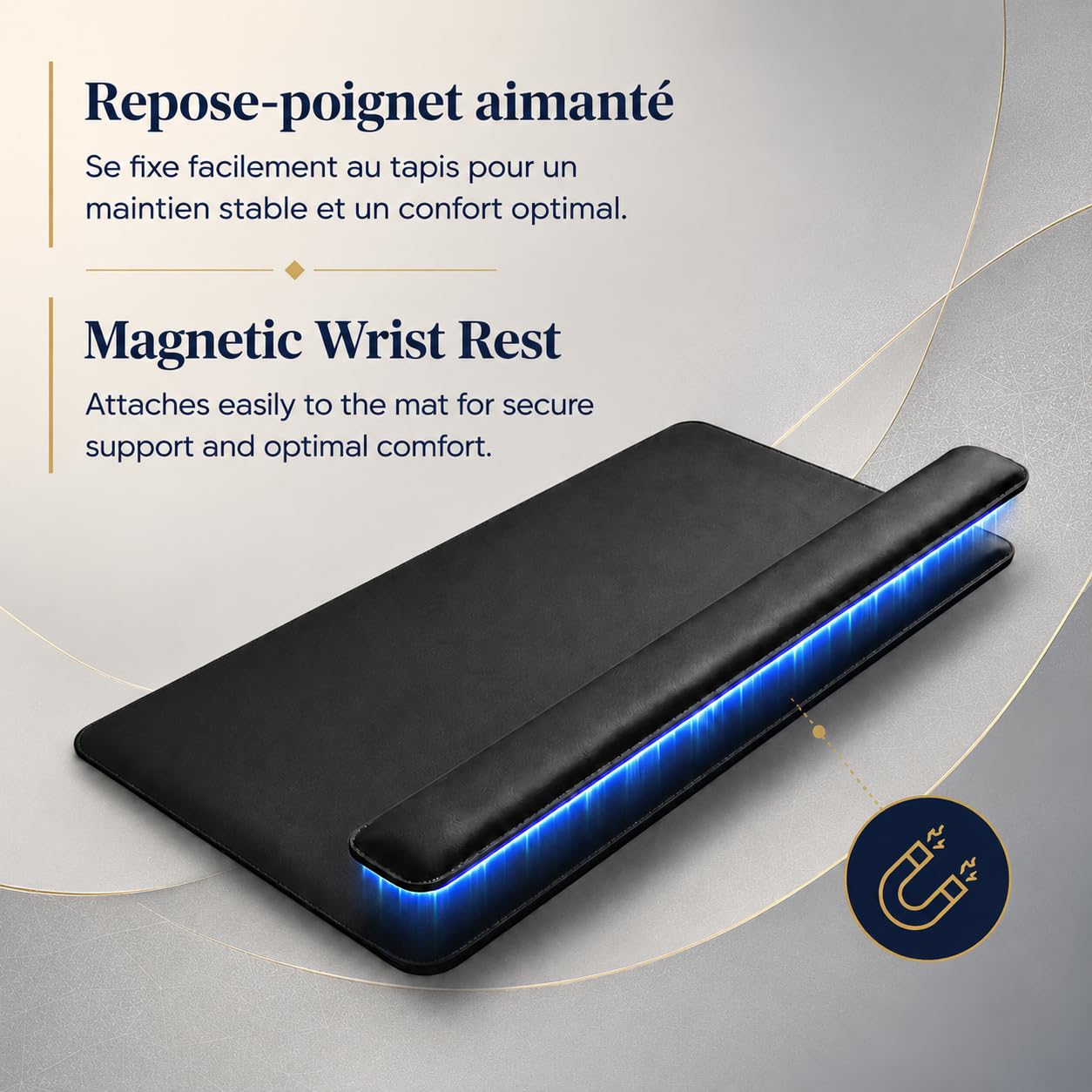 Sous-main de bureau noir en cuir PU premium 80x40 cm avec repose-poignet magnétique – Tapis de souris XL antidérapant, élégant et confortable