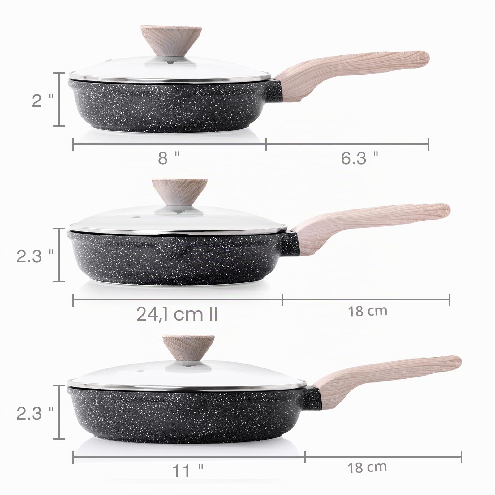 Kordisen 3-teiliges Bratpfannen-Set mit Deckel 20/24/28 cm, Granit Beschichtung Induktion Pfanne, Gesunde Stein Antihaft Kochgeschirr, PFOA Frei