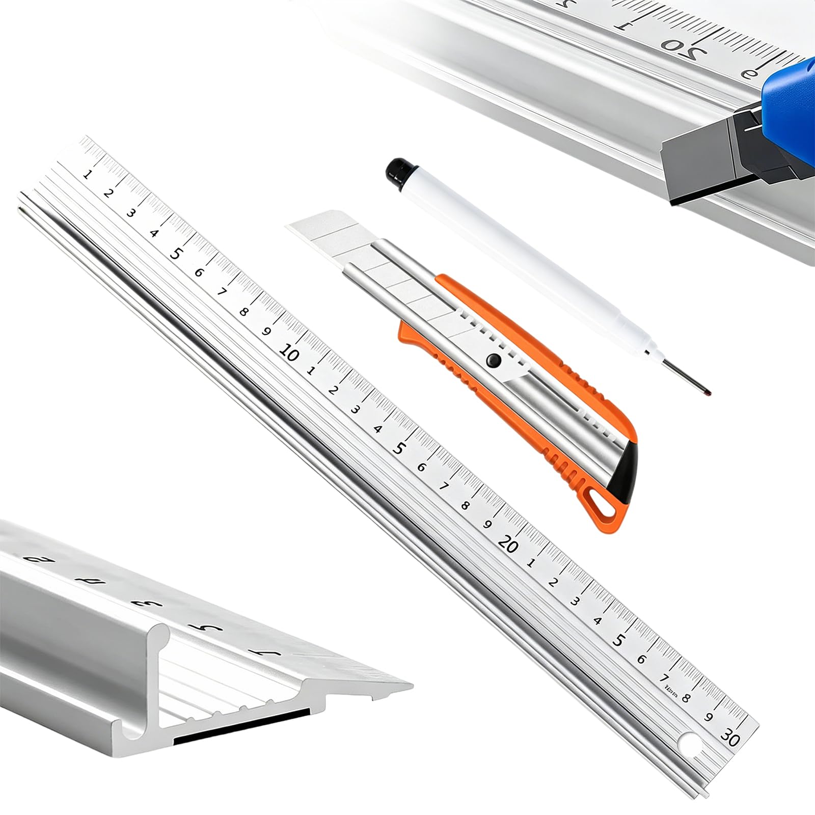 Linisiting Silver Aluminium Cutting Ruler, Non Slip Safety Edge With Raised Grip, Precision Metal Safety Ruler, Multifunctional Measuring Rulers For Craft Diy School Office And Length Measurement (30Cm)